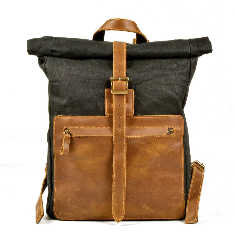 Canvas Backpack Casual - 新しいモデルのシンプルでレトロなワックスキャンバスバックパック（男性用）、レザーの長方形スクールバッグデザインのカジュアルバッグ