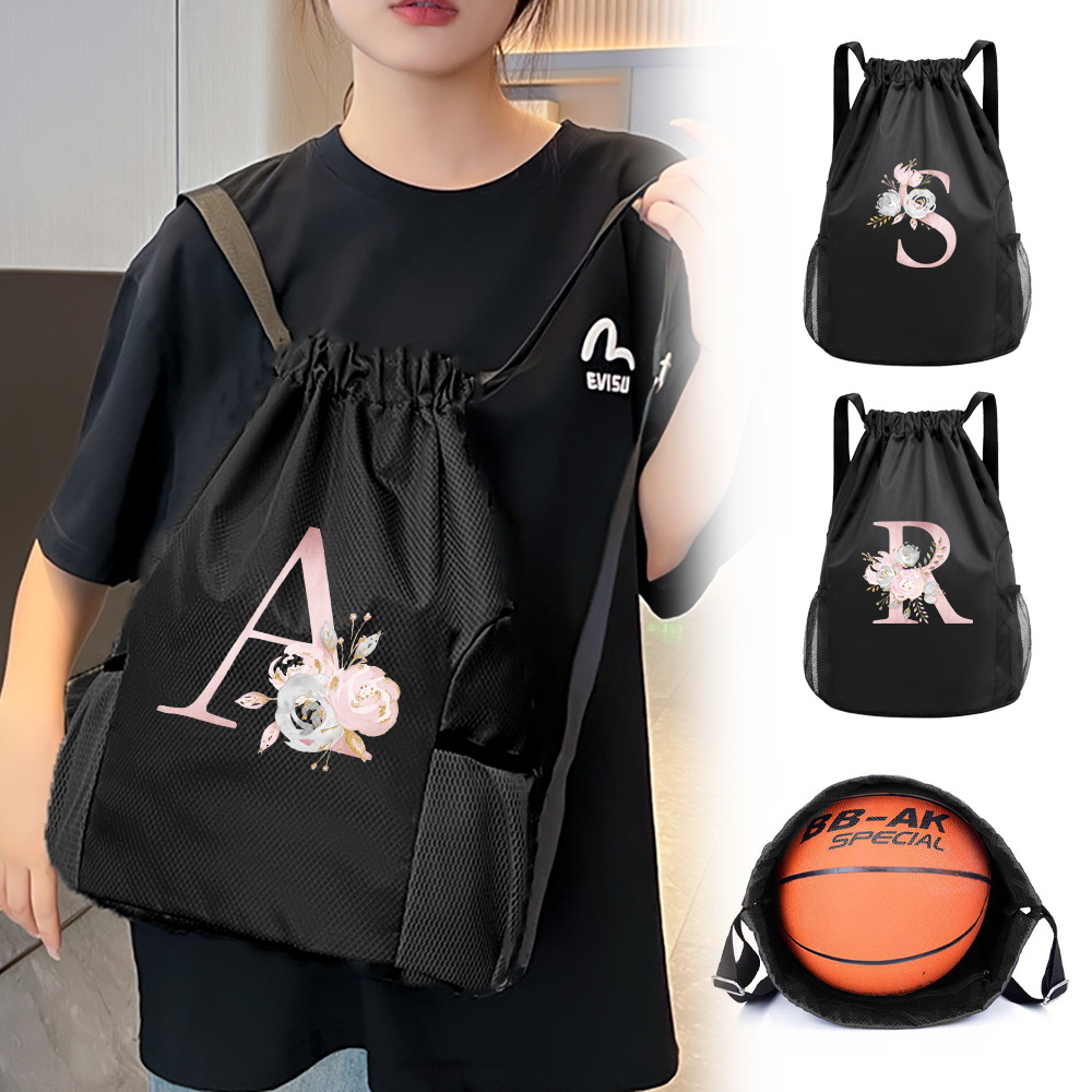 Drawstring Gym Bag - 黒の巾着バッグ、ジム用バックパック、防水オックスフォード生地の水泳用バッグ、乾湿分離バッグ