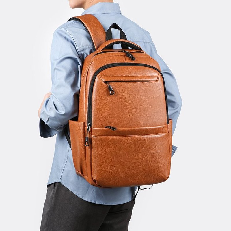 Laptop Backpack 15.6 - プレミアムレザービジネスバックパック – 15.6インチノートパソコン対応通勤バッグ、仕事、学校、ハイキングに最適な多機能トラベルデイパック PU