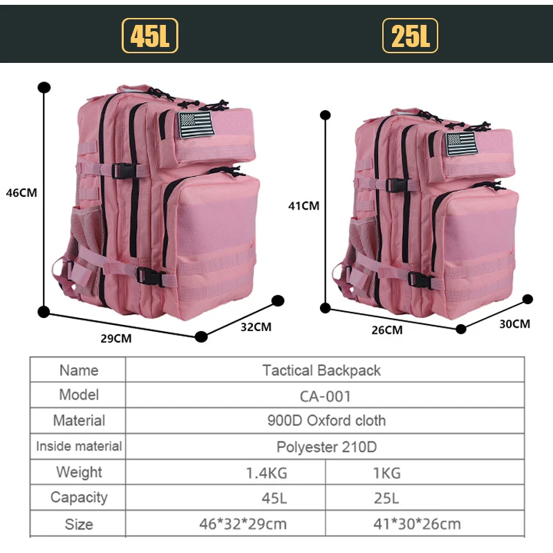 25L/45L 3P 戦術的なバックパック男性女性ピンク屋外 - Rucksack Military Style のレビューと価格